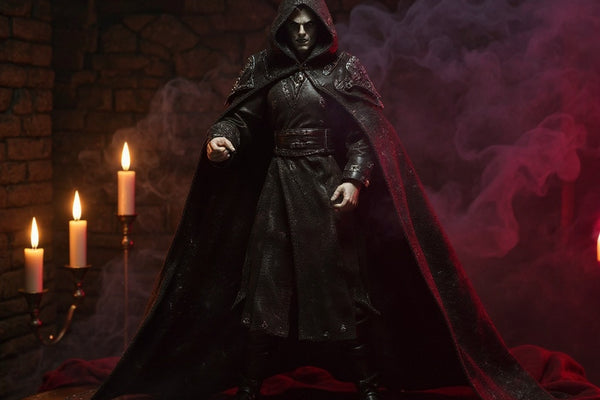 Hero image: 1/12 scale vampire action figure wearing a wire-framed fabric cape in a gothic scene with candlelight and fog, against a dramatic crimson-to-black background.