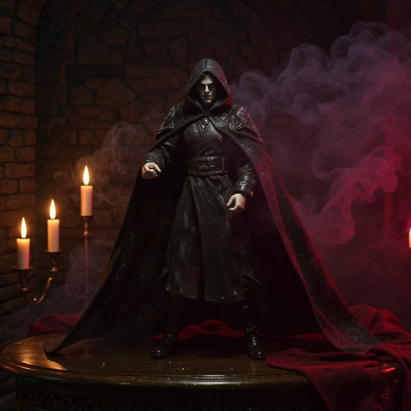 Hero image: 1/12 scale vampire action figure wearing a wire-framed fabric cape in a gothic scene with candlelight and fog, against a dramatic crimson-to-black background.