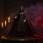 Hero image: 1/12 scale vampire action figure wearing a wire-framed fabric cape in a gothic scene with candlelight and fog, against a dramatic crimson-to-black background.