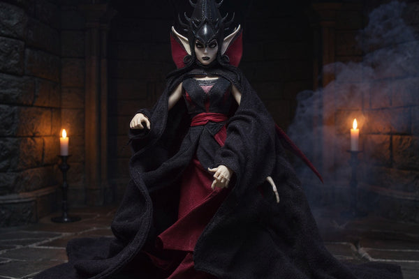 Dark textured fabric cape with structured collar on vampire action figure in gothic castle setting with candlelight and fog