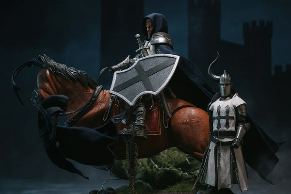 Custom wired fabric cape in deep blue draped over an armored knight figure, against a castle backdrop with mist.