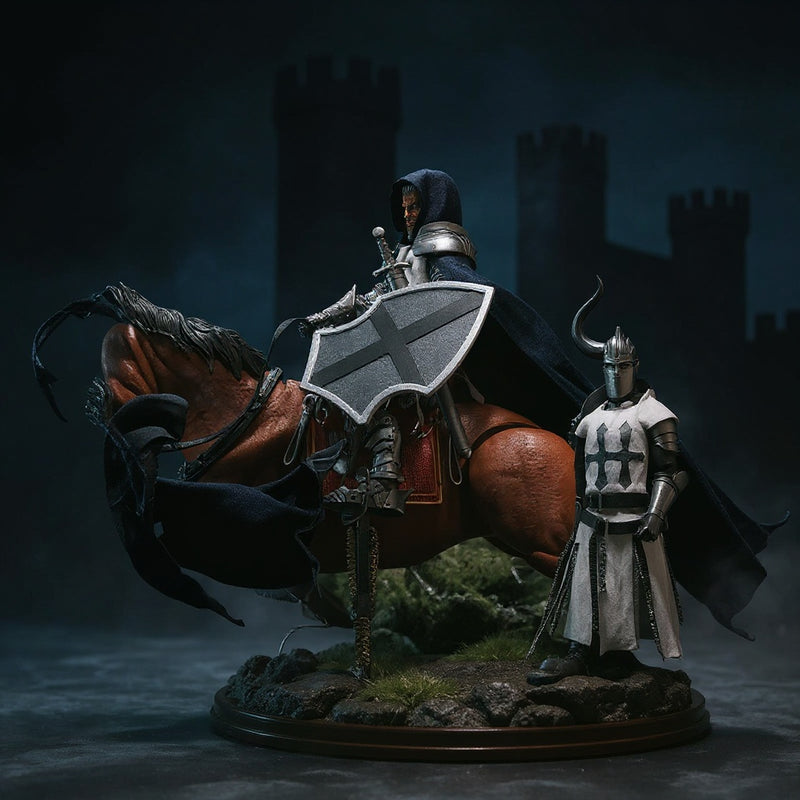 Custom wired fabric cape in deep blue draped over an armored knight figure, against a castle backdrop with mist.