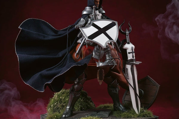 Deep blue flowing fabric cape with wire-shaped folds draped over armored knight action figure on stone diorama with moss, sword and shield, dramatic lighting, bold gradient background.