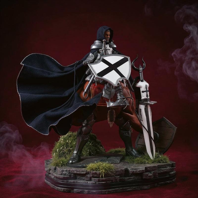 Deep blue flowing fabric cape with wire-shaped folds draped over armored knight action figure on stone diorama with moss, sword and shield, dramatic lighting, bold gradient background.