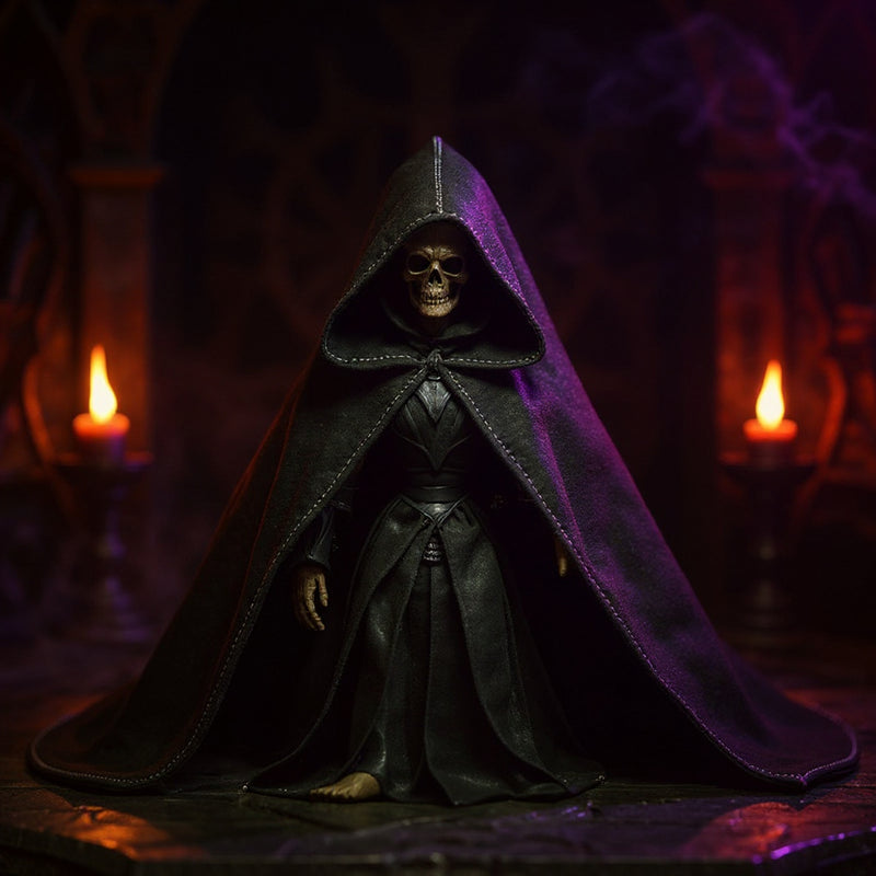 Dark hooded cape with wire-framed hood draped over a skeletal action figure torso on a gothic stone altar with candles and mist, dramatic red and purple lighting.