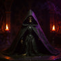 Dark hooded cape with wire-framed hood draped over a skeletal action figure torso on a gothic stone altar with candles and mist, dramatic red and purple lighting.