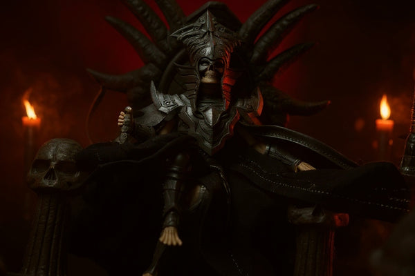 Gothic skeleton queen cape on an altar with candles and fog against a crimson gradient background.