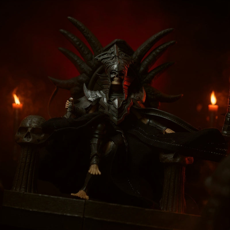 Gothic skeleton queen cape on an altar with candles and fog against a crimson gradient background.