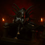 Gothic skeleton queen cape on an altar with candles and fog against a crimson gradient background.