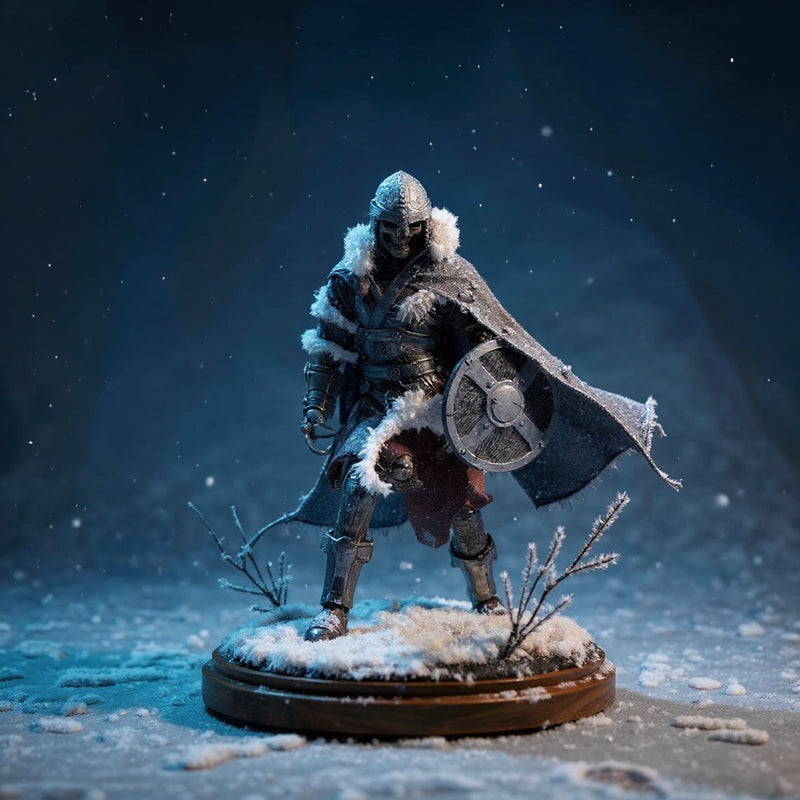 Tattered frost-textured cape on skeleton figure in snowy diorama with bold blue gradient background.