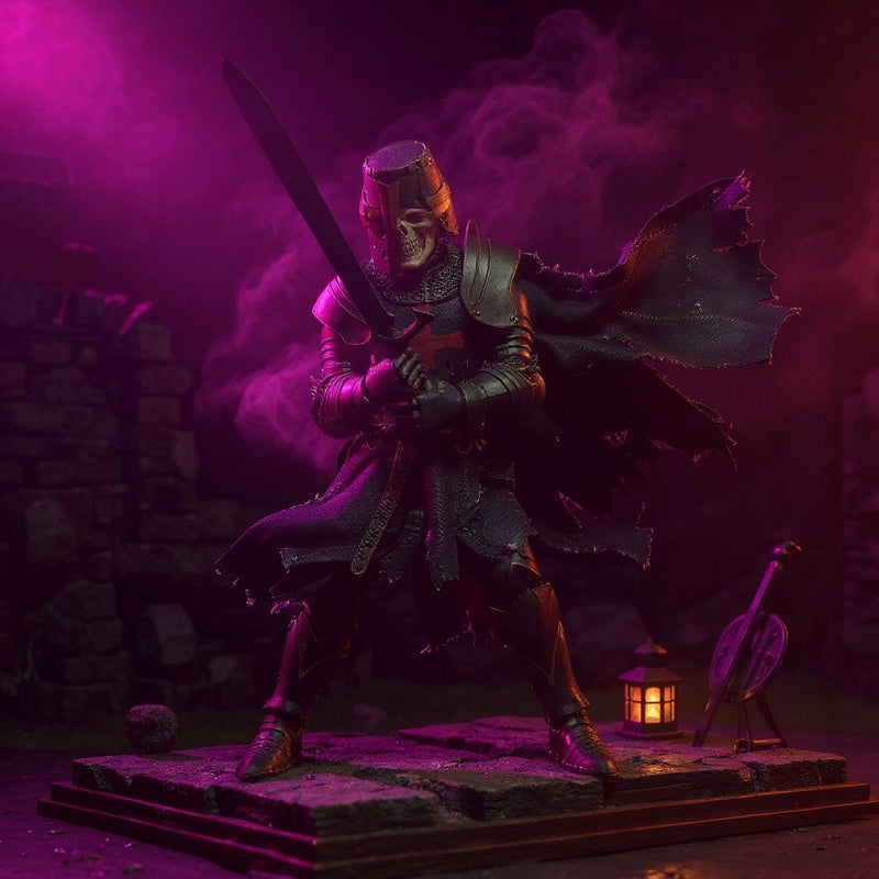 Tattered gothic robe and cape on skeletal wire-posed 1/12 scale figure, dramatic neon-lit ruins background.