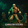 1/12 scale skeleton action figure wearing a handcrafted tan khaki jumpsuit with stitched patches and belt, posed dynamically in a foggy graveyard diorama with a ghost figurine, under dramatic lighting.