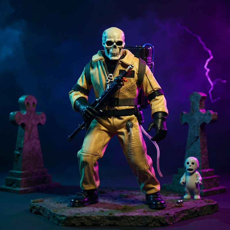 Tan jumpsuit on a posable skeleton figure in foggy graveyard diorama with proton pack and ghost accent, against bold blue-purple gradient.