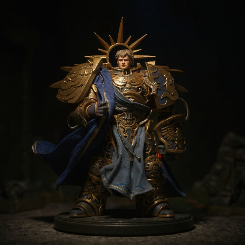 Deep blue fabric cloak with gold trim on a 1/18 scale armor torso, set in Warhammer ruins with dramatic spotlight and deep shadows.