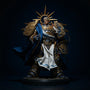 Deep blue fabric cloak with gold trim on an action figure torso, displayed on a ruins base with dramatic spotlight against a dark gradient background.