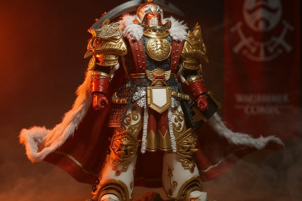Dynamic white and gold White Scars cape on an armored torso, displayed on a battle terrain base with faction banner, dramatic lighting.