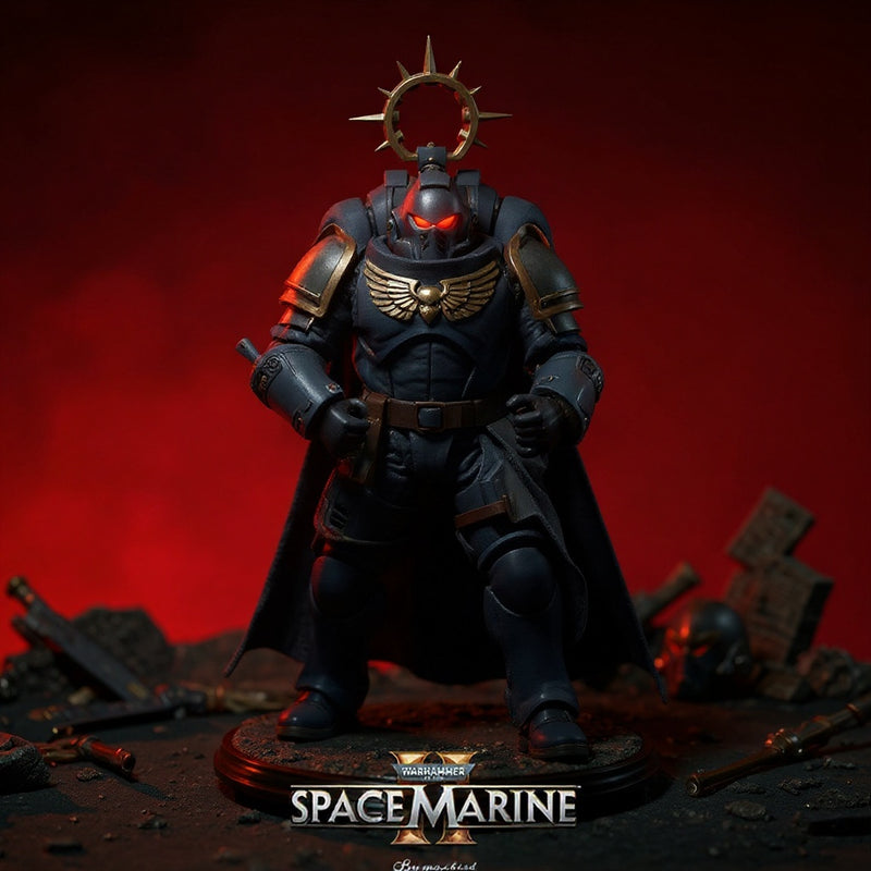 A 1/18 scale armored action figure torso wearing a custom fabric cape with wire-enhanced folds, posed on a ruined battlefield diorama with miniature weapons.