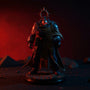 Matte dark grey fabric cape on 1/18 scale armored action figure in ruined battlefield diorama, dramatic red-blue gradient lighting.