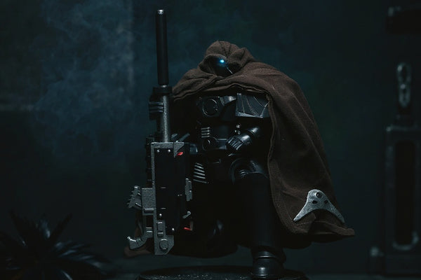 1/18 scale dark charcoal-black fabric cape with wire posing on action figure in gothic ruins scene.