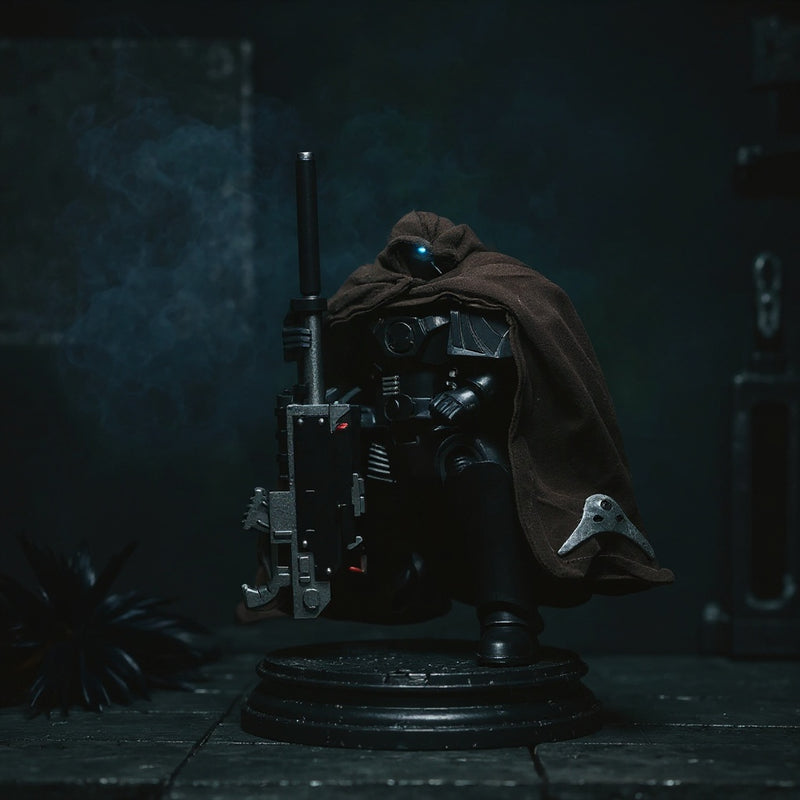 1/18 scale dark charcoal-black fabric cape with wire posing on action figure in gothic ruins scene.