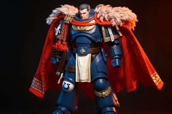 1/18 scale armored action figure with flowing dark crimson cloth cape on rubble-strewn battlefield diorama, dramatic lighting.