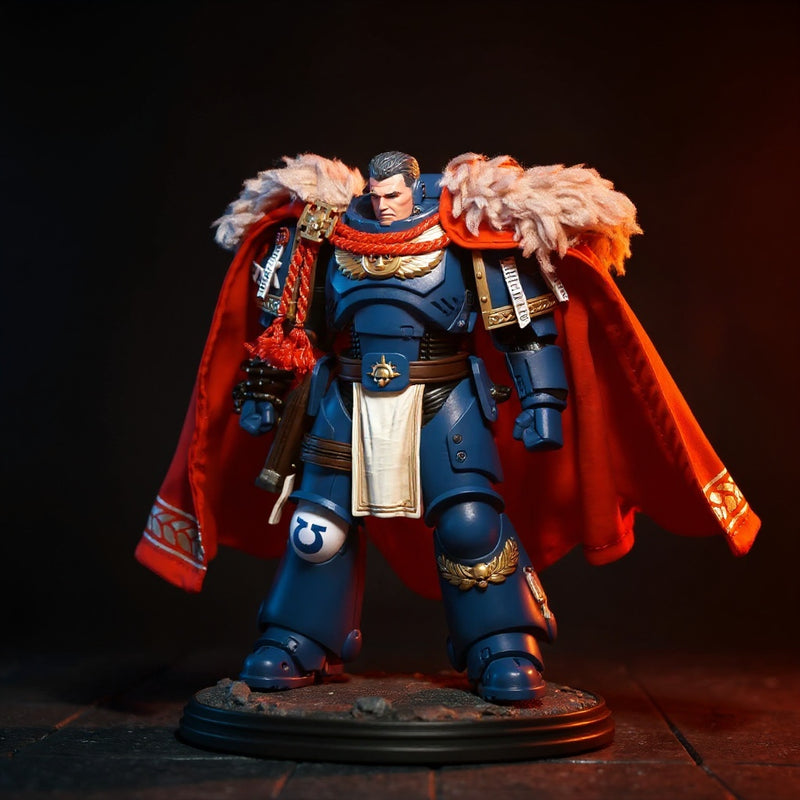 1/18 scale armored action figure with flowing dark crimson cloth cape on rubble-strewn battlefield diorama, dramatic lighting.