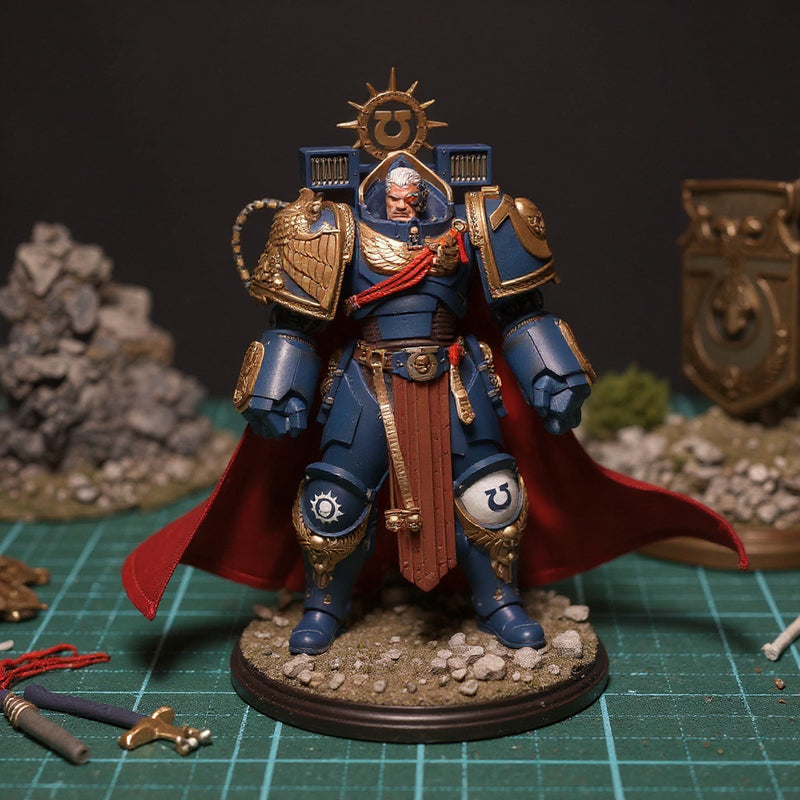 Deep red fabric cape with wire-shaped flowing edges draped over a 1/18 scale action figure armor torso on a miniature battle diorama base with rubble, moss, and weapon props.