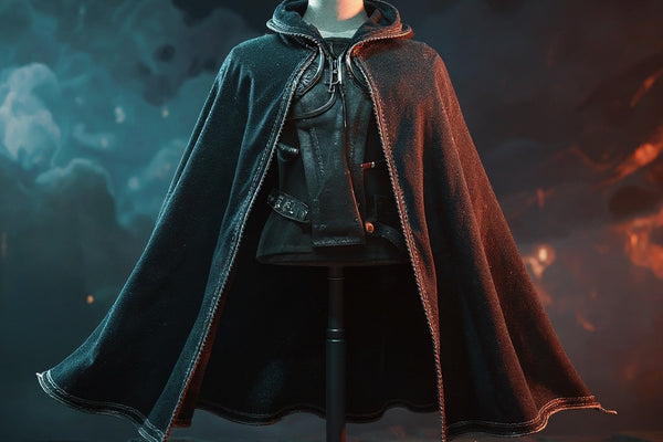 Dark grey textured cape with metallic trim and wire-shaped flowing edges displayed on a mannequin torso against a dramatic battlefield diorama with bold colored lighting.
