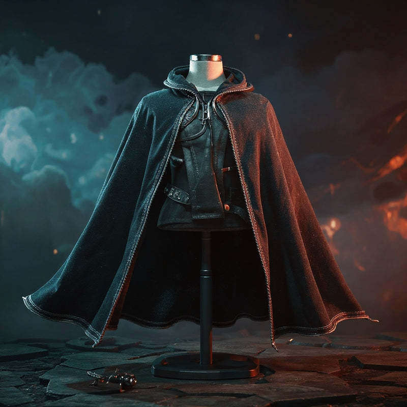 Dark grey textured cape with metallic trim and wire-shaped flowing edges displayed on a mannequin torso against a dramatic battlefield diorama with bold colored lighting.