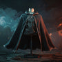 Dark grey textured cape with metallic trim and wire-shaped flowing edges displayed on a mannequin torso against a dramatic battlefield diorama with bold colored lighting.