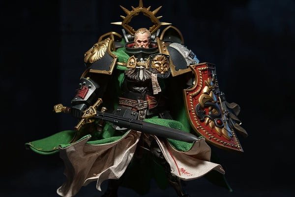 Dark Angels fabric cape on miniature figure in gothic diorama with dramatic lighting