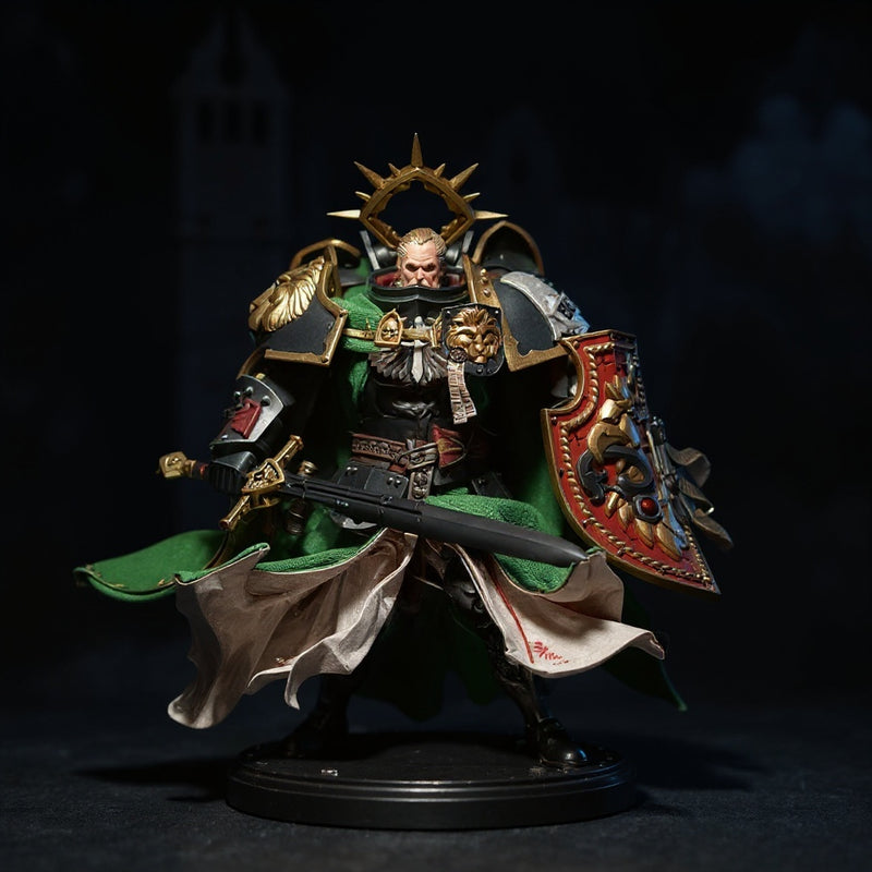 Dark Angels fabric cape on miniature figure in gothic diorama with dramatic lighting