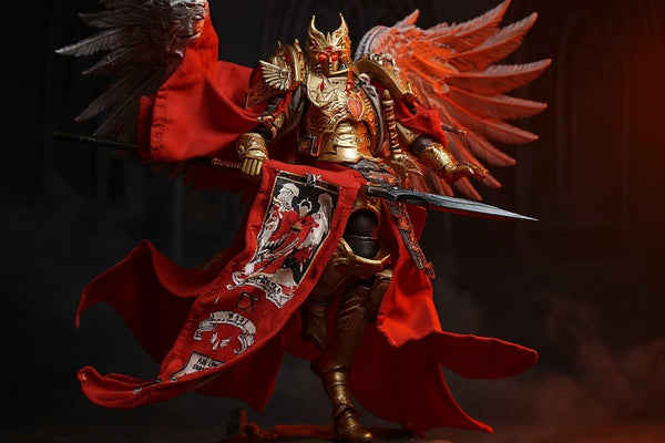 Deep crimson cloth cape with gold trim draped over an armored action figure on a battlefield diorama, dramatic lighting and fog.