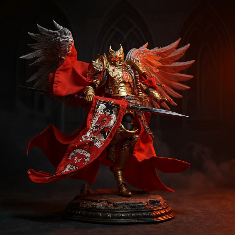 Deep crimson cloth cape with gold trim draped over an armored action figure on a battlefield diorama, dramatic lighting and fog.