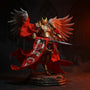 Deep crimson cloth cape with gold trim draped over an armored action figure on a battlefield diorama, dramatic lighting and fog.