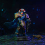 Small blue fabric cape for 1/18 action figure displayed on armor stand in sci-fi setting.