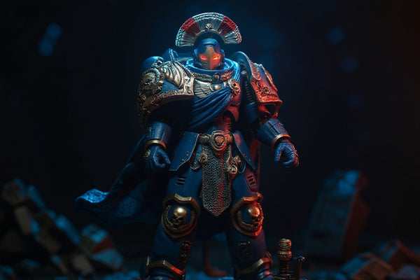 Small blue wired fabric cape for 1/18 Warhammer figure displayed on miniature ruins with bold blue-orange lighting.