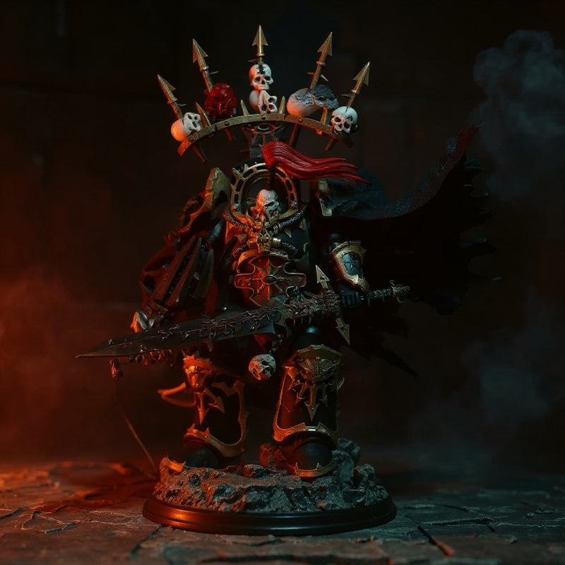 Tattered black fabric cape draped over miniature warhammer armor figure in dark stone ruins with dramatic red lighting.