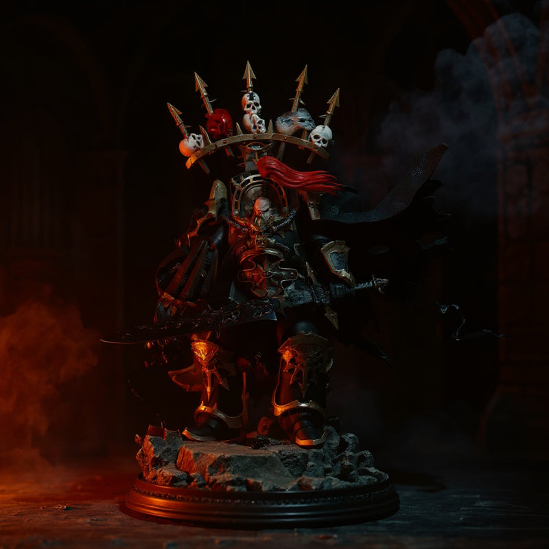 Tattered black fabric cape with internal wire draped over a miniature armor figure in dark stone ruins with red-orange dramatic lighting