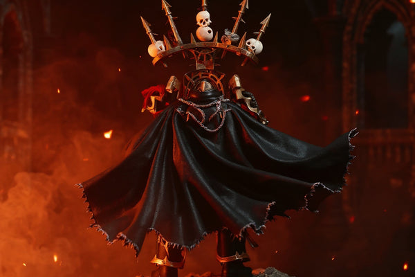Tattered black wire-frame cape on a 1/18 armored miniature, windswept pose against dark stone ruins with red-orange smoke.