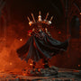 Tattered black wire-frame cape on a 1/18 armored miniature, windswept pose against dark stone ruins with red-orange smoke.