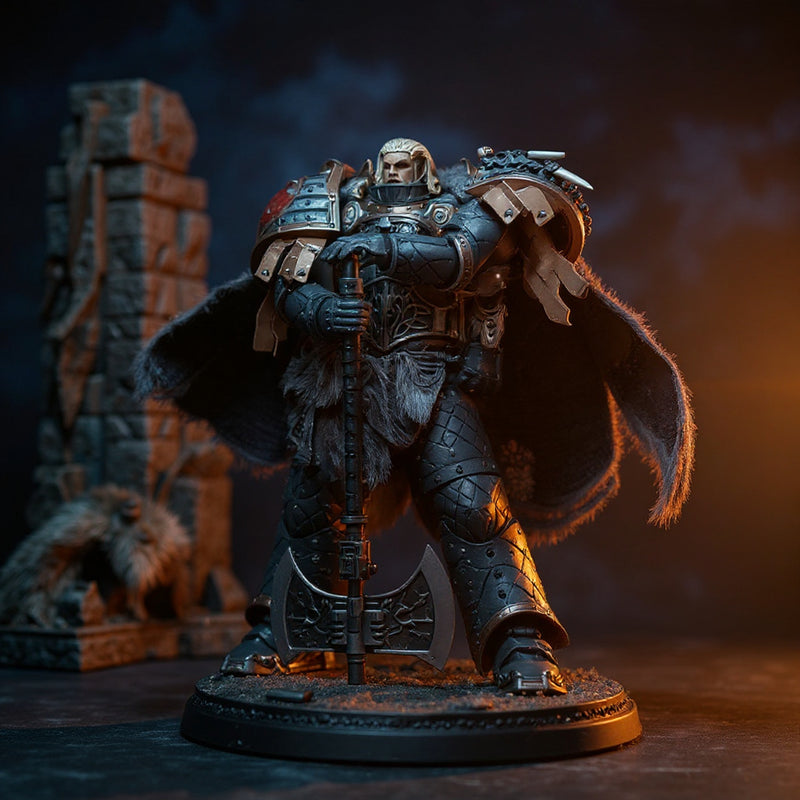 Dark grey textured wire-frame cape on a 1/18 Space Wolves action figure in a battle diorama with runic banner, dramatic spotlight and bold blue-orange gradient background.