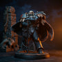 Dark grey textured wire-frame cape on a 1/18 Space Wolves action figure in a battle diorama with runic banner, dramatic spotlight and bold blue-orange gradient background.