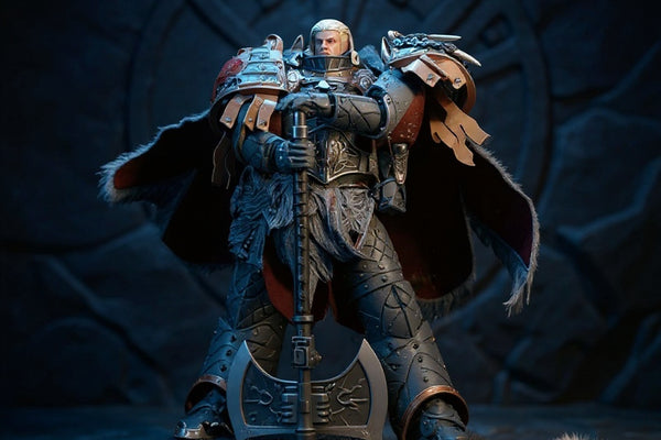 Hero image of a handcrafted Space Wolves cape on an action figure against a runic stone backdrop with dramatic spotlighting.
