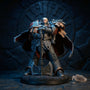 Hero image of a handcrafted Space Wolves cape on an action figure against a runic stone backdrop with dramatic spotlighting.