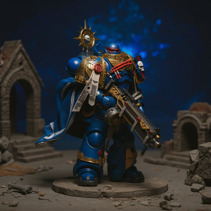 Handmade deep blue cloth cape with gold trim and parchment purity seal draped over a 1/18 action figure shoulder, posed dynamically on a miniature battlefield diorama with rubble and bolter rifle, dramatic blue and gold lighting.