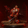 Deep crimson Blood Angels cape with gold purity seals on a miniature battlefield diorama