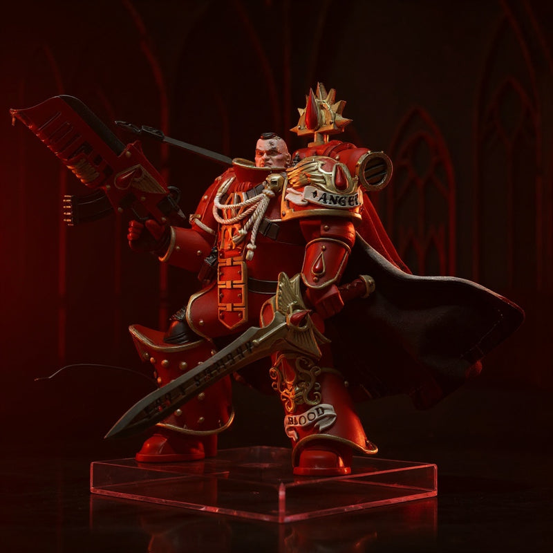 Posable crimson cloth cape on display stand with gothic ruins backdrop and dramatic red lighting