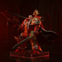 Posable crimson cloth cape on display stand with gothic ruins backdrop and dramatic red lighting