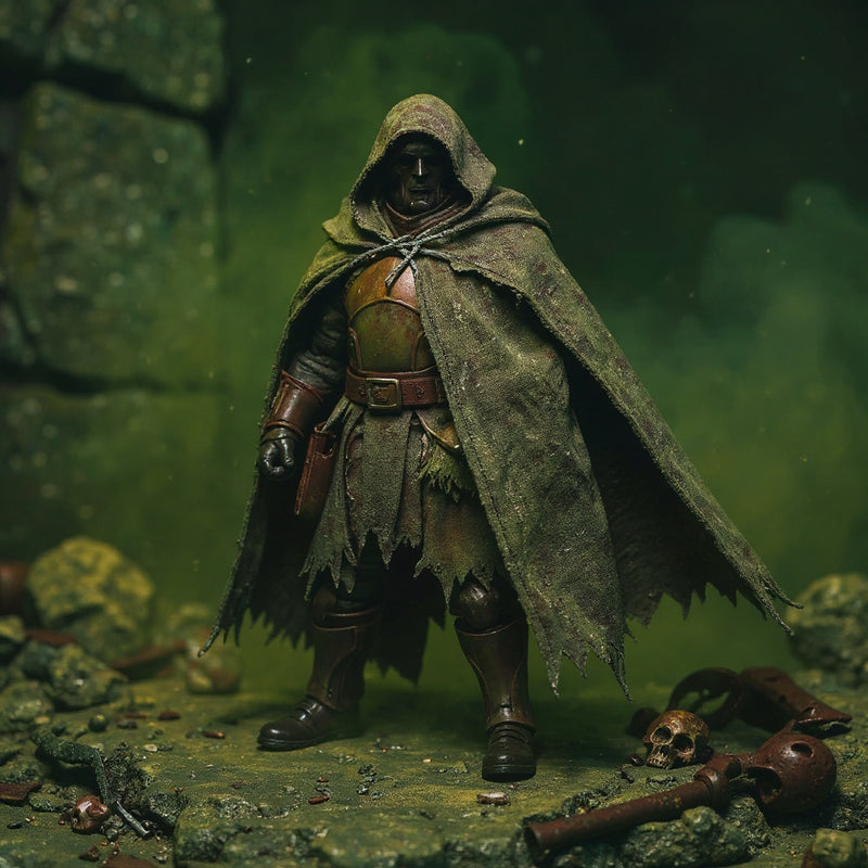 weathered grey-green cape on 1/18 action figure in toxic battle diorama